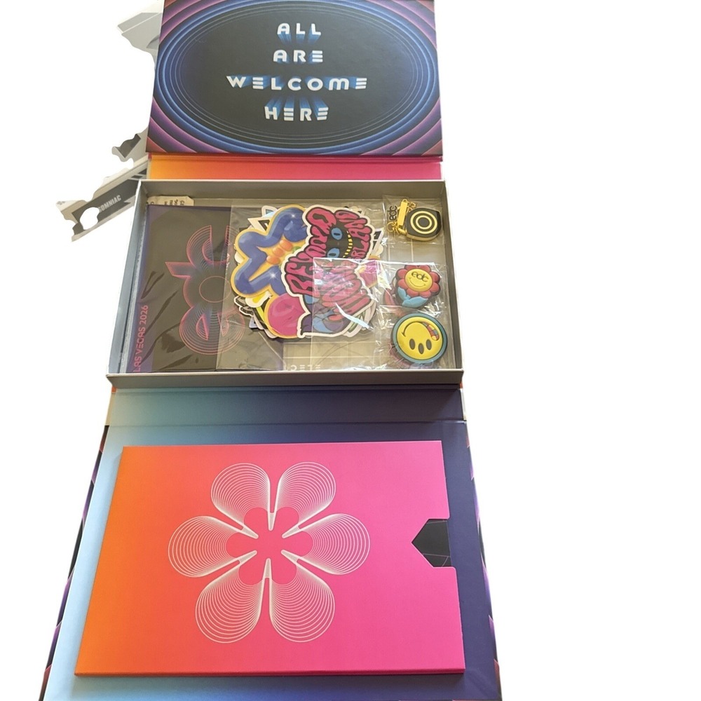 EDC Las Vegas 2026 Festival Swag Box - Postcards, Keychains, Magnets, Stickers